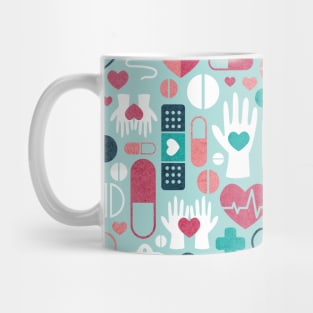 Keep safe be healthy // aqua background navy blue mint red white and coral medicine elements Mug